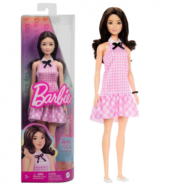 ?BARBIE FASHIONISTAS- BROWN HAIR WITH PINK PLAID DRESS - HRH21