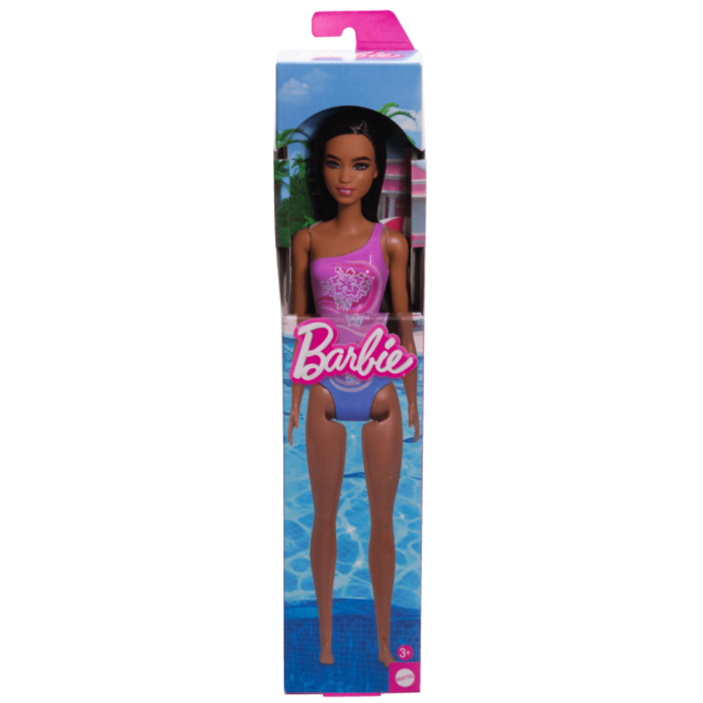 BARBIE BEACH DARK BROWN HAIR WEARING TROPICAL PURPLE SWIMSUIT ΚΟΥΚΛΑ - HXX49