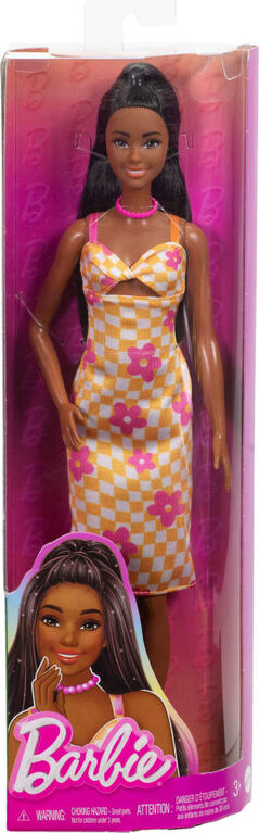 BARBIE FASHIONISTAS- CHECKERED FLOWER MIDI DRESS, BLACK HAIR - HYT91